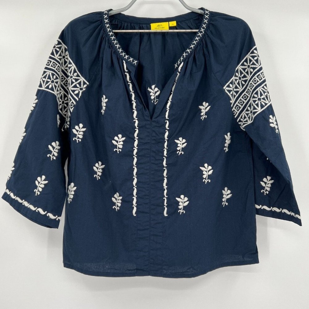 Roller Rabbit Women's Navy Blue Ulli Top Embroidered Boho Blouse XS *SPOT
